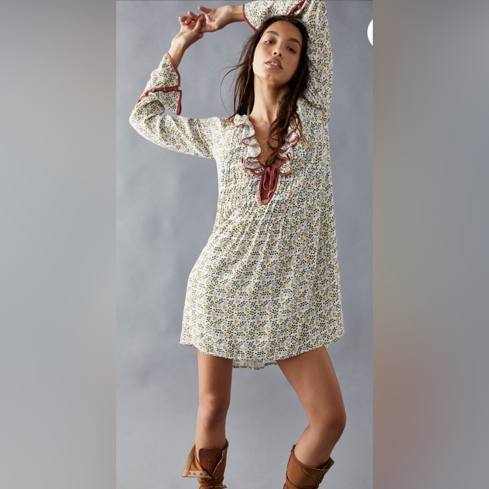FREE PEOPLE Printed Brown trim and green mini floral dress Cottagecore